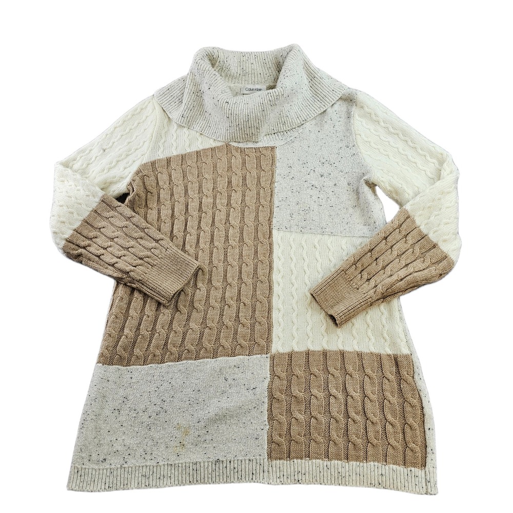 Calvin Klein Sweater Womens M Multi-Colorblock Mixed Stitch Patchwork Cowl Neck